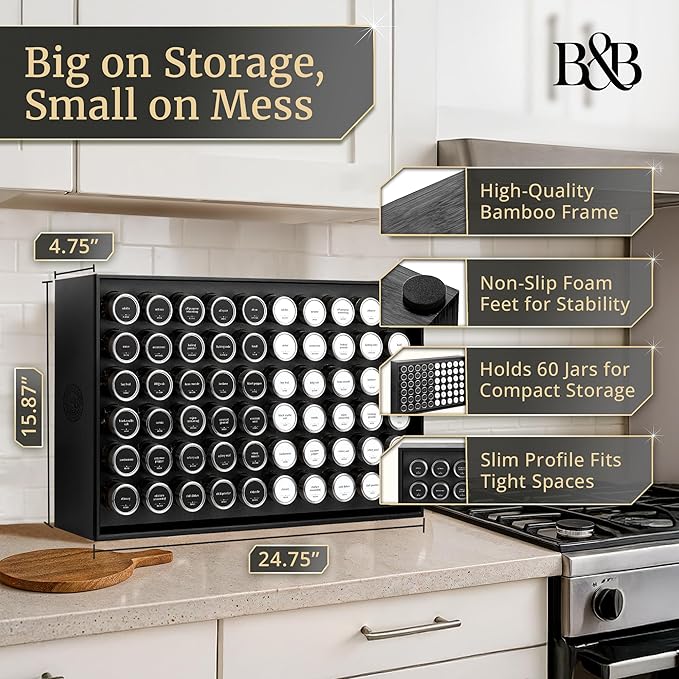 BOURBON & BARREL Wooden Spice Rack Organizer with Glass Jars | Stainless Steel Lids | Bamboo Countertop Spice Organization | 350 Waterproof Spice Labels | 2 Chalk Markers | 60 4oz Jars [Black]