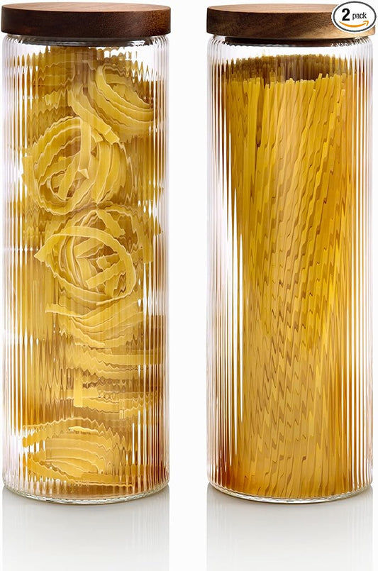 Mason & Fable Ribbed Glass Canisters or Spaghetti Jars with Airtight Wood Lid- Tall Storage Containers for Pasta, Cereal or Flour -Ideal for Kitchen/Pantry Organization - 60 fl.oz, Set of 2