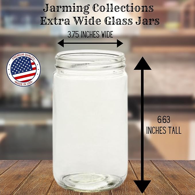 JARMING COLLECTIONS Mason Jars 32 Oz Glass EXTRA WIDE MOUTH Quart Storage Jars with Lids - BPA Free Plastic Storage Lids - Made in USA - Quart Glass Jars 32 oz with Airtight Lids (Set of 2)