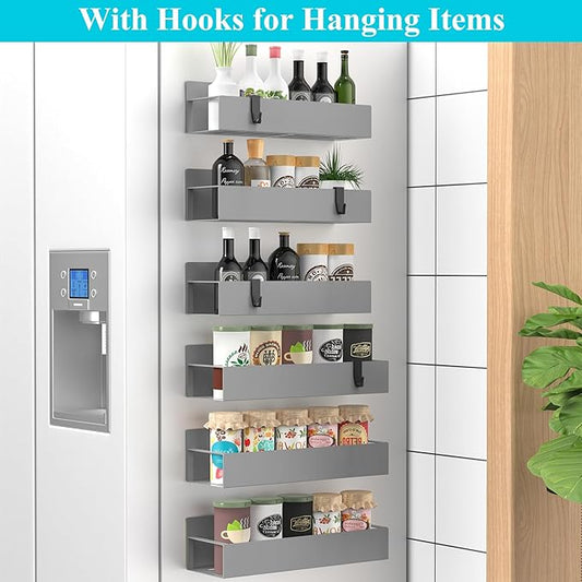 6 Pack Magnetic Spice Storage Rack Organizer for Refrigerator and Oven, Gray Fridge Organizers and Storage