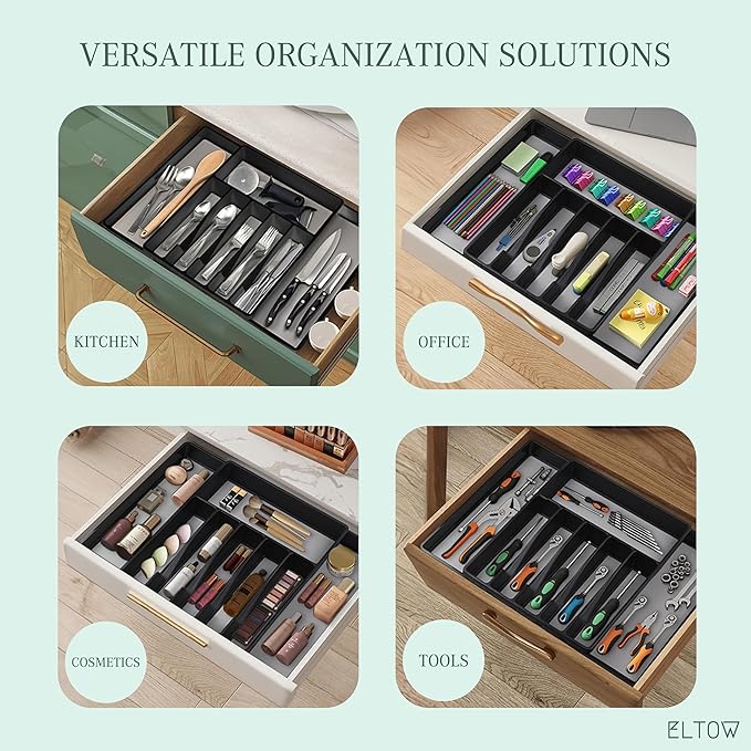 ELTOW Large Expandable Silverware Drawer Organizer, 8 Compartment Non-Slip & Adjustable Silverware Organizer for Drawer, Kitchen Organization for Utensils, Cutlery, Silverware Tray (Black)