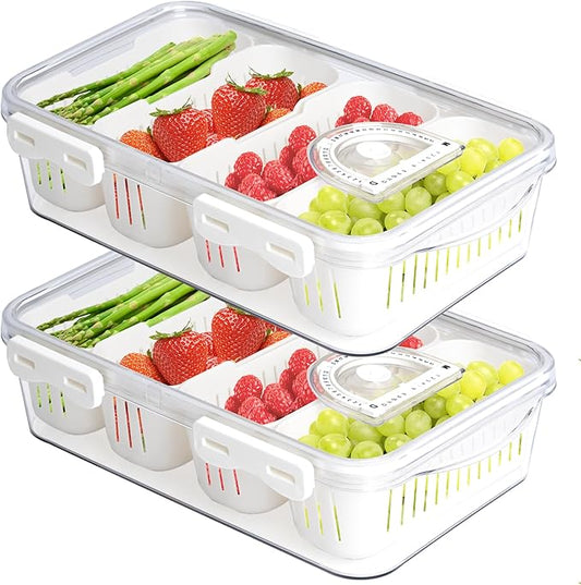Eanpet 2Pack Poratble Bacon Storage Container for Fridge Divided Snackle Box Charcuterie Container 4 Compartment Serving Veggie Tray with Lid Portable Travel Fruit Caddy for Cheese,Candy,Nuts,Salad