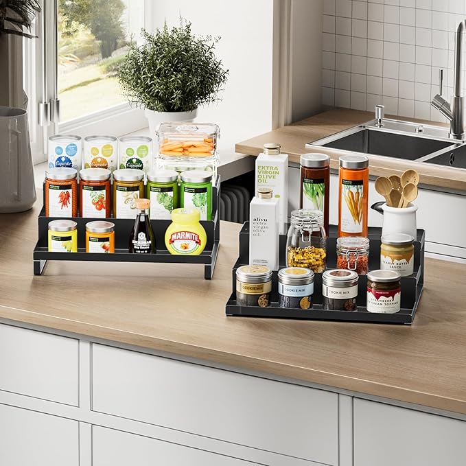 RCHYFEED Spice Rack Organizer for Cabinet, Set of 2 Metal 3 Tier Spice Rack Expandable Display Risers, Seasoning Organizer for Kitchen Cabinet Countertop Pantry Spice Organizer
