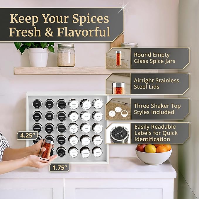 BOURBON & BARREL Wooden Spice Rack Organizer with Glass Jars | Stainless Steel Lids | Bamboo Countertop Spice Organization | 350 Waterproof Spice Labels | 2 Chalk Markers | 30 4oz Jars [White]