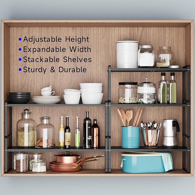Expandable Cabinet Shelf Organizer, Stackable Kitchen Pantry Counter Storage, Adjustable Closet Cupboard Stand Rack Risers Spice Organization 80LBS Heavy Duty Black Small 1 Pack