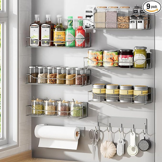 Magnetic Spice Rack for Refrigerator, 9 Pack Magnetic Fridge Shelves W/Adjustable Paper Towel Holder, Hook Rack, Moveable Spice Organizer Shelf for Kitchen Organization and Storage (Grey)