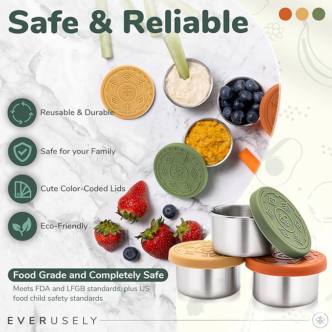 Everusely Condiment Cups - 3 Pack, 1.7 oz, Muted, Stainless Steel - Condiment Containers with Lids - Reusable Salad Dressing Container To Go - Sauce & Dip Cup for Lunchbox, Meal Prep