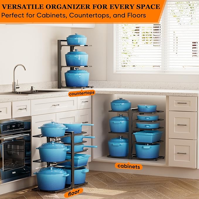 Pots and Pans Organizer Under Cabinet, Heavy Duty 8 Tier Pan Organizer–Carbon Steel Pan Rack, No Assembly Required, Perfect for Cast Iron Skillets, Dutch Ovens, Frying Pans, Pots, and Trays