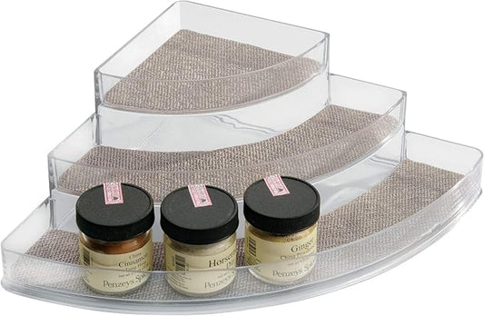 iDesign 34682 Twillo Plastic Spice Rack, Corner Organizer for Kitchen, Pantry, Bathroom, Vanity, Office, Craft Room Storage Organization, 10" x 14" x 4", Clear
