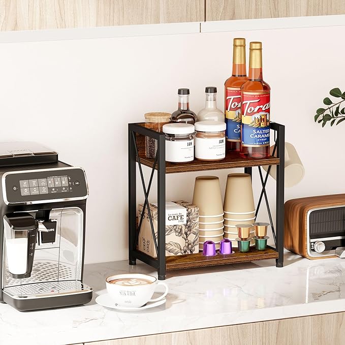 Snughome Coffee Bar Organizer,Kitchen Counter Shelf for Countertop,Wood Kitchen Countertop Organizer,2 Tier Coffee Organizer Station for Countertop (Rustic Brown, Medium)