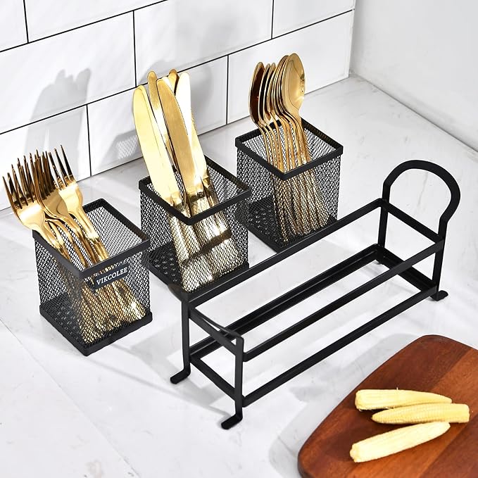 Kitchen Utensil Holder, Silverware Organizer Holder, Compact Metal Organizer for Flatware, Spoons, Forks, and Knives - 3 Separate Compartments Perfect for Kitchen Countertop- Black