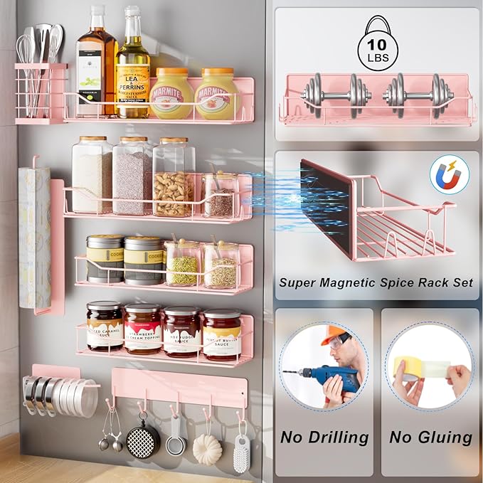 Magnetic Spice Rack for Refrigerator,8 Pack Magnetic Fridge Shelf, Moveable Spice Organizer with Hook Rack, Paper Towel Holder, Utensil Holder,cup lid holder, Super Magnetic Rack Set (Pink)