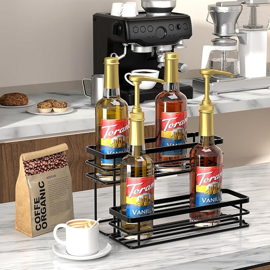 8 Bottle Coffee Syrup Organizer Rack, 2 Tier Coffee Syrup Stand Holder for Coffee Bar, Coffee Syrup Organizer for Countertop, Small Wine Rack for Family, Storage for Syrup, Dressing, Black
