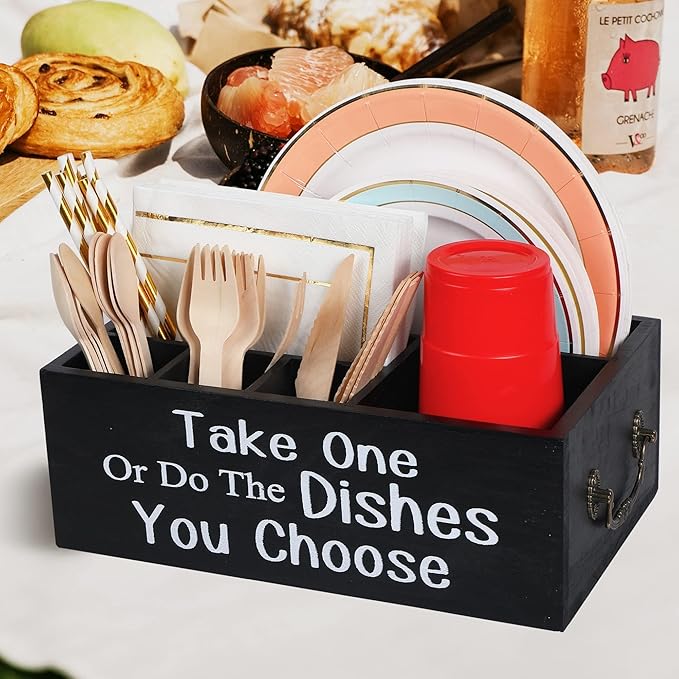 Small Paper Plate Holder Utensil Caddy Organizer for Countertop, Kitchen Silverware Cups, Forks, Spoons, Plates, Napkins, Wood Dispenser Party Picnic