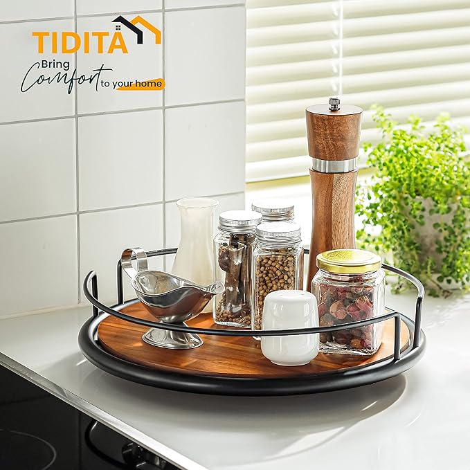 13" Acacia Wood Lazy Susan Turntable with Metal Frame for Table Top - Wooden Serving Tray Rotating for Kitchen Counter - Centerpiece Organizer Storage Food Bin Container for Pantry, Fridge