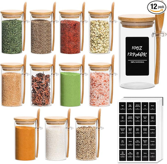 ComSaf 12 Pcs Glass Spice Jars with Spoons, 10oz Containers with Bamboo Lids, Glass Storage Containers with Airtight Lids with 275 Labels for Seasonings, Salt, Loose Leaf Tea Storage