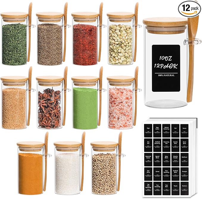 ComSaf 12 Pcs Glass Spice Jars with Spoons, 10oz Containers with Bamboo Lids, Glass Storage Containers with Airtight Lids with 275 Labels for Seasonings, Salt, Loose Leaf Tea Storage