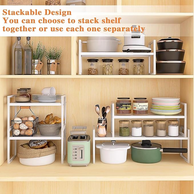 DOLALIKE Expandable kitchen Countertop Organizer, Stackable Cabinet Shelf Organizers, Space Saving Spice Rack Pantry Storage for Bathroom Office Organization (White, 2-Tier)