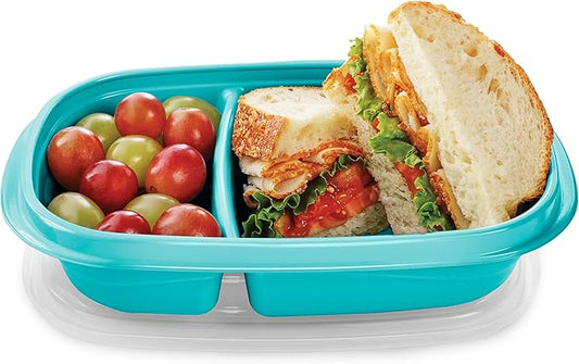 2 Sets of Rubbermaid TakeAlongs On the Go Food Storage and Meal Prep Containers, 3.7 Cup Divided Rectangle, 3-Pack, Teal Splash