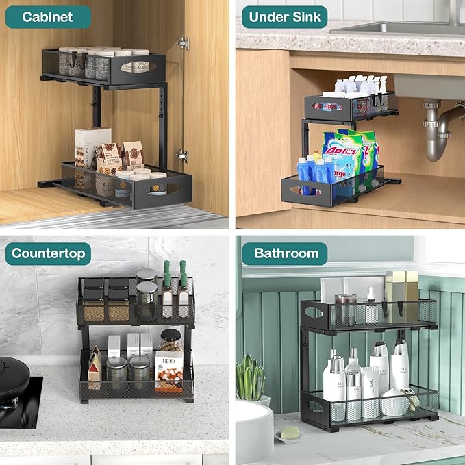 1 Pack Under Sink Organizer, 2 Tier Metal Pull Out Under Sink Storage with Sliding Mesh Drawers, Height Adjustable Slide Out Under Sink Organizer for Kitchen Bathroom Cabinet, Black