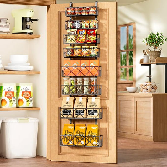 Over the Door Pantry Organizer 8-Tier Adjustable Baskets Hanging Spice Door Rack Narrow - 13.78" W x 65.16" H Behind the Door Storage for Kitchen, Bathroom, and Closet Organization- Black