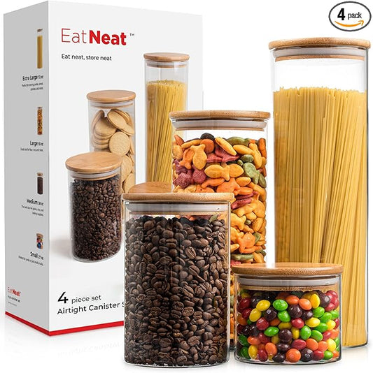 EatNeat Set of 4 Glass Canisters with Airtight Bamboo Lids - Stylish Kitchen Countertop Containers for Storage - Modern Jars for Food Organization - Clear and Natural Finish, Various Sizes