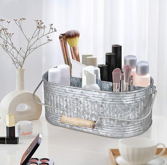 CLEENTABLE Farmhouse Galvanized Metal Utensil Caddy – 4-Compartment Silverware Organizer with Removable Handle for Countertop, Picnic & Party Use (10"x6.5"x5.5", Grey)