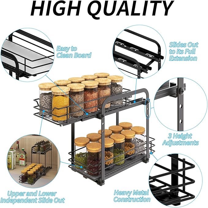 Spice Rack Organizer, 2-Tier Pull Out Spice Organizer, Heavy Duty Metal Basket for Inside Cabinets & Pantry Closet