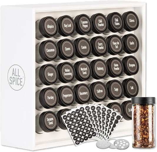 AllSpice Wood Spice Rack Organizer, 525 Unique Labels, Countertop or Wall Mount, Includes 30 4oz Jars- Matte White