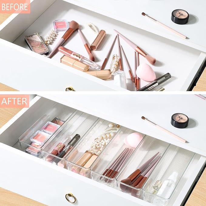 ihomecooker 6 Set Clear Plastic Junk Drawer Organizer Vanity Curlery Utensil Makeups Organizer for Kitchen 12'' X 3''