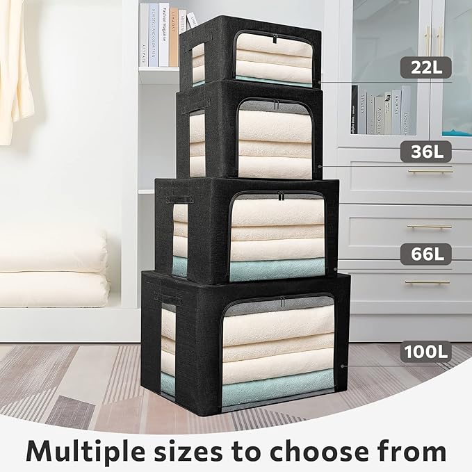 2 Pack Clothes Storage Bins Foldable Metal Frame Storage Box Linen Fabric Organizer Set with Carrying Handles and Clear Window (Black, 15.7x 11.8x 7.8Inch)