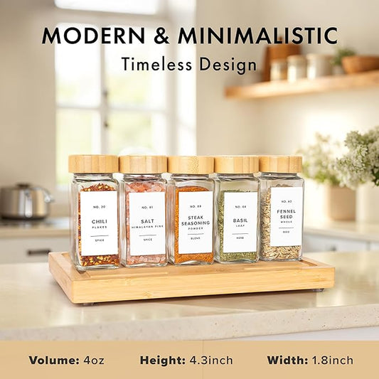 EDELHAUS® Glass Spice Jars with Bamboo Lids (24 x 4oz) Spice Containers with 240 Labels, Steel Funnel, Empty Square Seasoning Organizer for Spice Rack, Cabinet, Drawer [4.3 in × 1.8 in]
