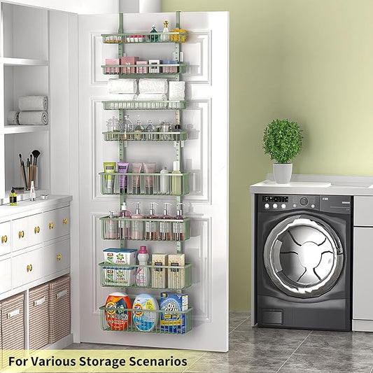Moforoco Sage Green Over The Door Pantry Organizer, Pantry Door Organizer Shelves, Kitchen Organizers and Storage, Hanging Basket Wall Spice Rack Seasoning Shelves