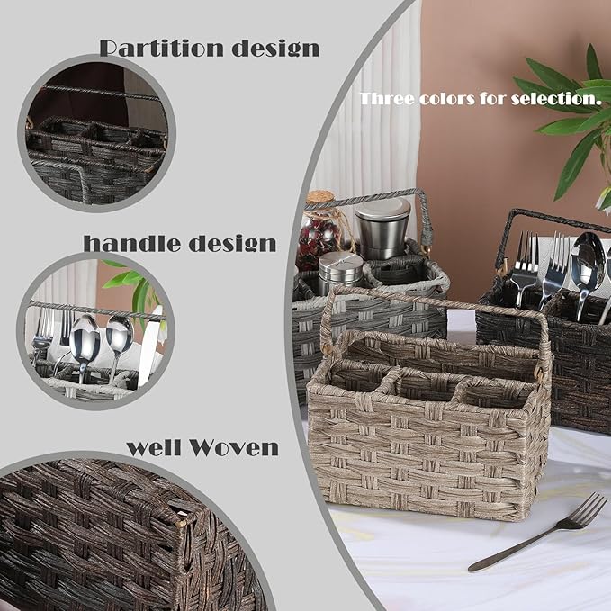 Silverware Holder for Party Plastic Utensil Holder Wicker Silverware Caddy Cutlery Holder with Handle Spoon and Fork Organizer Brown Utensil Caddy for Kitchen Counter