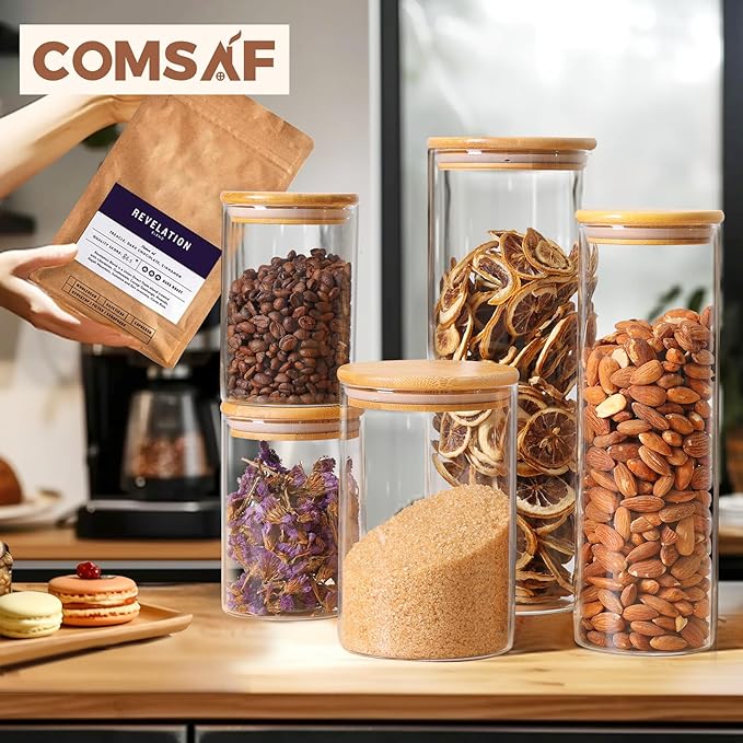 ComSaf Glass Food Storage Jars Set of 6, Clear Glass Storage Containers with Lids, Canisters Sets for the kitchen, Spaghetti, Pasta, Flour, Nuts, Oat, Coffee and Sugar Container, Pantry Organization