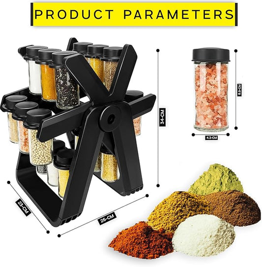 Rotating Spice Rack with 18 Glass Jars, Labels, and Funnel - 360 Degree Rotating Ferris Wheel Revolving Spice Rack Organiser for Seasoning & Herbs -Gift Set As Spice Organiser