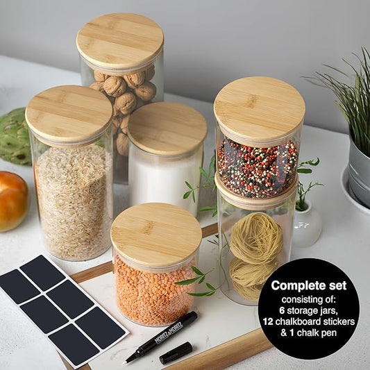 Moritz & Moritz Glass Food Storage Jars with Lids 6 Pack – Airtight Food Storage Containers for Pantry – Kitchen Organizers – Flour Sugar Containers with Labels and Chalk Pen
