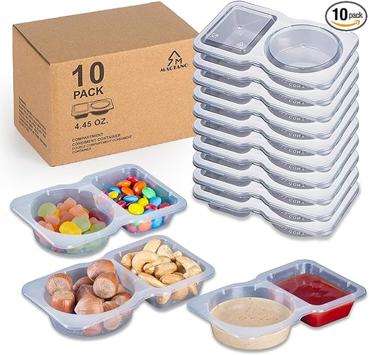 10 Sets Condiment Container with Lid, Disposable Double Compartment Plastic Container for Sauce Snack