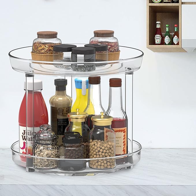 Lazy Susan Organizer 2 Tier, Round Plastic Turntable Organizer Organization Storage Container Bins,Spinning Organizer for Spices,Vanity Countertop Makeup Organizing(2 Tier 10.6 inch)