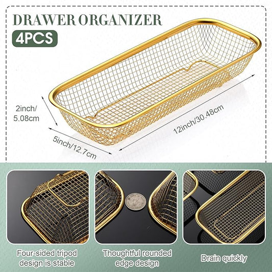 4 Pcs Gold Kitchen Drawer Baskets Stainless Steel Storage Container Mesh Storage Golden Utensil Holder Wire Basket Stackable Drying, 12 x 5 x 2 Inch
