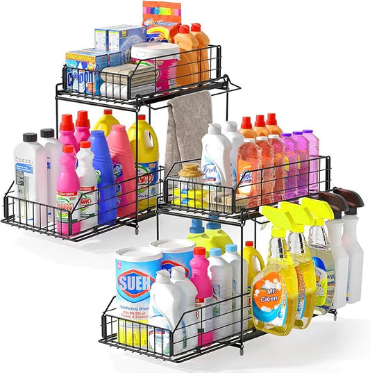 SUEH DESIGN Under Sink Organizers and Storage, 2 Tier Metal Under Sink Storage with Hanging Rail for Kitchen Bathroom Cabinet Organizer, 2 Pack