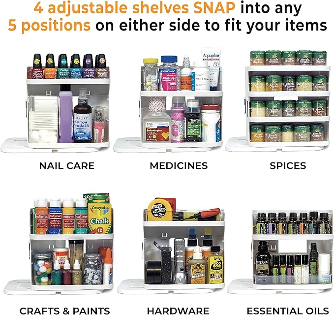 Cabinet Caddy SNAP! Spice Rack Organizer for Cabinet - Slide & Rotate Seasoning Organizer - 3 Snap-In Adjustable Shelves for 5 Tier of Storage - Magnetic Modular Design - 8.9”H x 6.1”W x 10.8”D