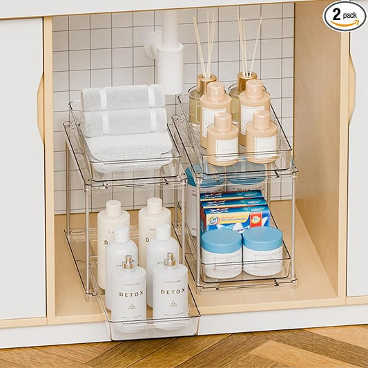 Yieach 2 Pack Bathroom Cabinet Organizers and Storage with Track,Clear Acrylic Under the Sink Organizer for Cupboard,Vanity Countertop Storage Bins,Plastic 2 Tier Pull Out Drawer for Makeup,Medicine