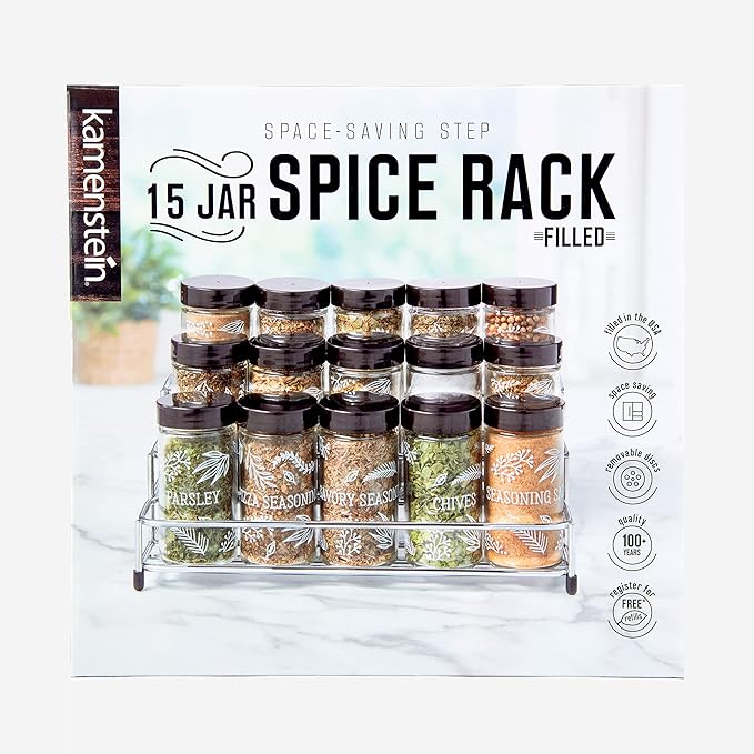 Kamenstein 15 Jar Lincoln Countertop Spice Rack with Spices Included, FREE Spice Refills for 5 Years, Chrome with Black Caps , 9.5 x 5.8 x 9