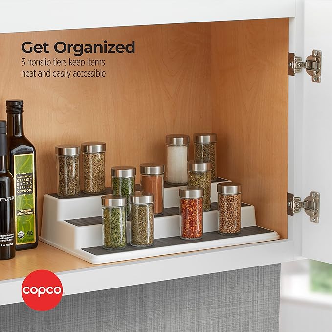 Copco 2555-0188 Non-Skid 3-Tier Spice Pantry Kitchen Cabinet Organizer, 15-Inch, White/Gray