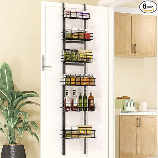 Thideewiz 12 Inches Wide Pantry Door Organizer, 6 Tier Adjustable Hanging Over the Door Spice Rack, Spice Organizer for Pantry Door, Spice Shelf for Kitchen Organizers and Storage (Black)