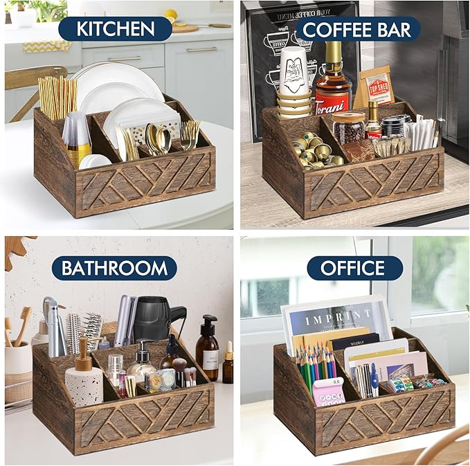 Paper Plate Dispenser, Paper Plate Holder for Kitchen Counter, Wood Rustic Silverware Utensil Caddy, Cutlery Flatware Organizer Box for Cups Spoons Forks Plates Napkins, Kitchen Accessories (Brown)