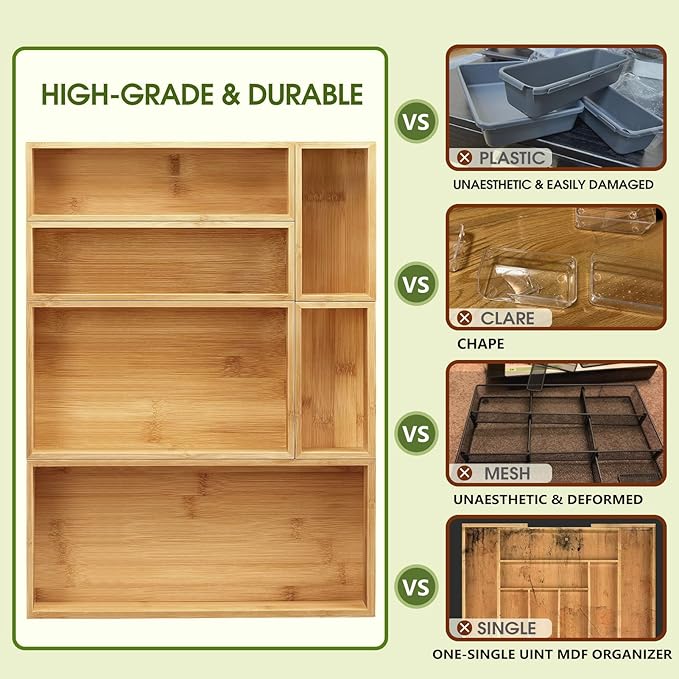 MaxGear Bamboo Kitchen Drawer Organizer, 18x12x2 Inches with 6 Adjustable Compartments, Utensils Cutlery and Flatware Storage for Silverware and Kitchen Accessories