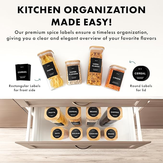 Square Glass Storage Containers with Bamboo Lids 12-Pack (4x 30 oz, 8x 17 oz) Airtight Storage Jars with Lids for Food, Stackable Kitchen Canisters with 114 Labels for Pantry [Thicker Glass 3mm]