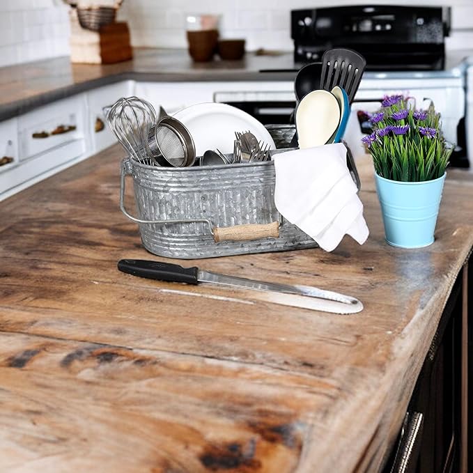 CLEENTABLE Farmhouse Galvanized Metal Utensil Caddy – 4-Compartment Silverware Organizer with Removable Handle for Countertop, Picnic & Party Use (10"x6.5"x5.5", Grey)